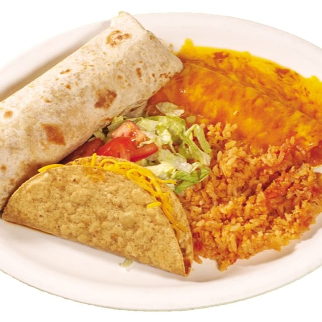 40. 1 Beef Burrito, 1 Crispy Beef Taco, 1 Enchilada and Spanish Rice.