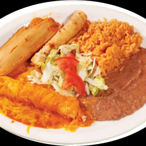 39. 1 Flauta, 1 Enchilada, 1 Tamale, Spanish Rice and Refried Beans.