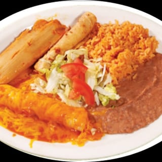 39. 1 Flauta, 1 Enchilada, 1 Tamale, Spanish Rice and Refried Beans