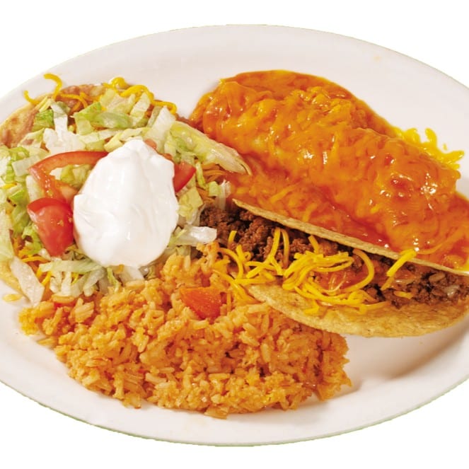 32. 1 Crispy Beef Taco, 1 Enchiladas, 1 Bean Chalupa and Spanish Rice.