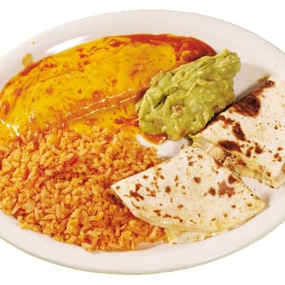 38. 1 Chicken Quesadilla, 1 Enchilada, Spanish Rice and Guacamole