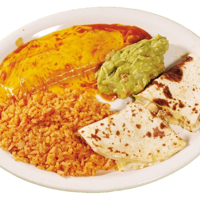 38. 1 Chicken Quesadilla, 1 Enchilada, Spanish Rice and Guacamole.