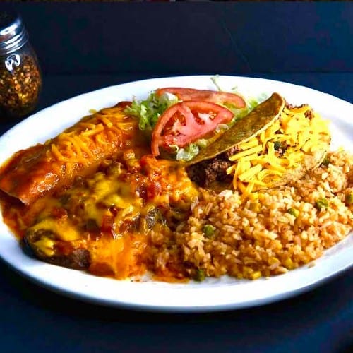 33. 1 Crispy Beef Taco, 1 Enchilada, 1 Chile Relleno and Spanish Rice.