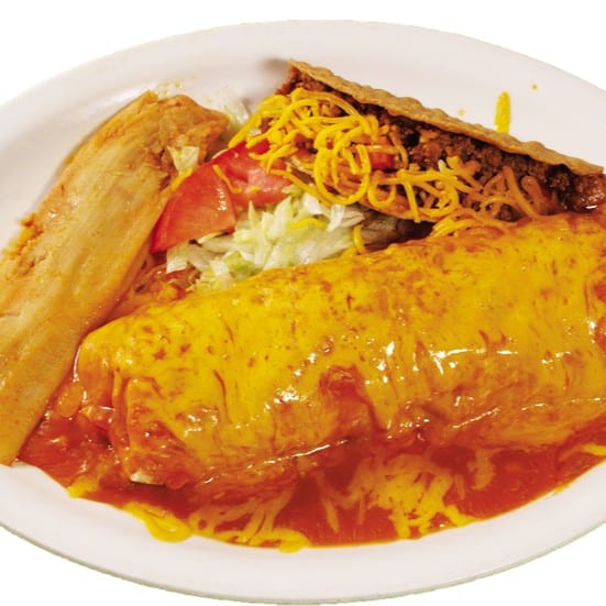 45. 1 Chicken Burrito, Covered with Gravy and Cheese, 1 Tamale and 1 Crispy Beef Taco.