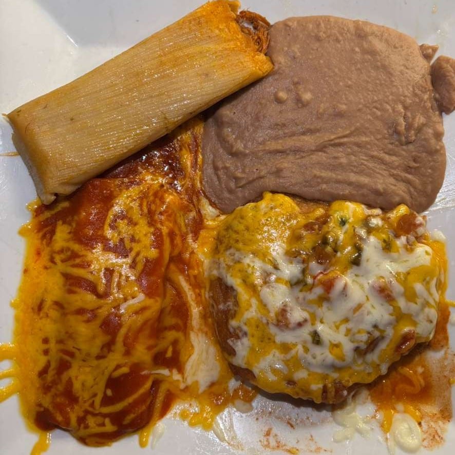 36. 1 Enchilada, 1 Tamale, 1 Chile Relleno and Refried Beans.